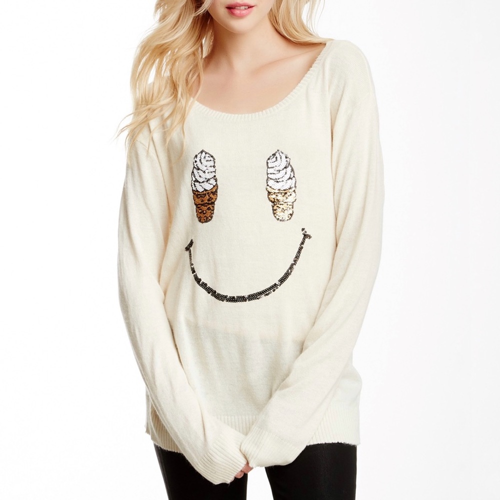 Wildfox sequin Ice cream cone smile soft serve smiley face cream sweater